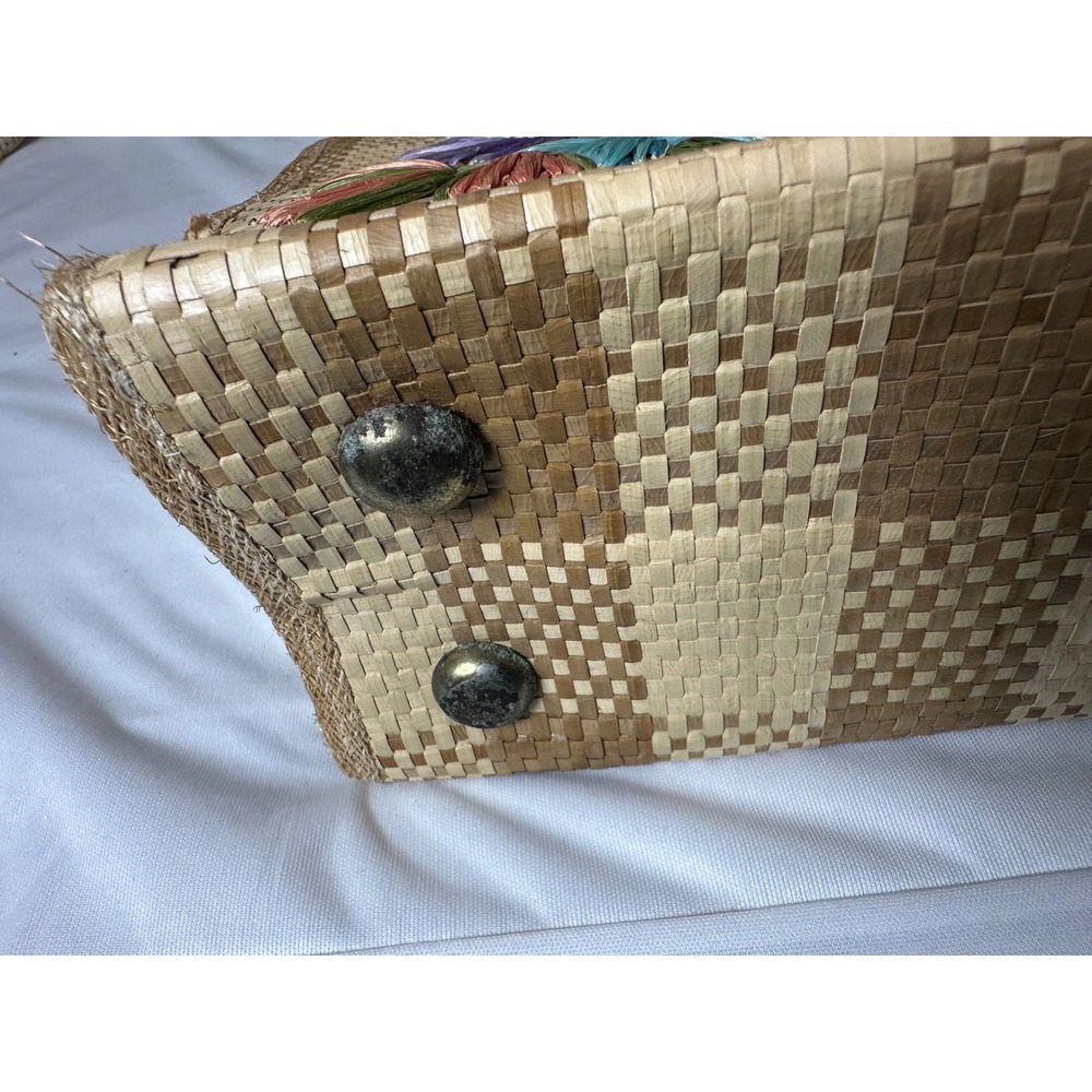 Vintage 1960s Bags By Whidby Inc. Raffia Straw Tote Bag 3D Floral Embroidery - Picture 8 of 11